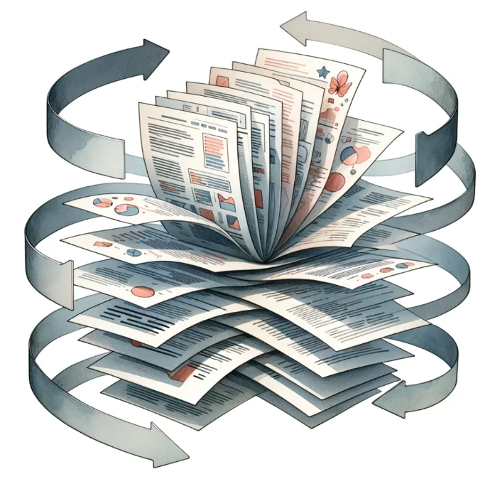 여러 개의 특허문서를 편집해 하나의 PCT 명세서로 병합하는 과정을 묘사한 일러스트