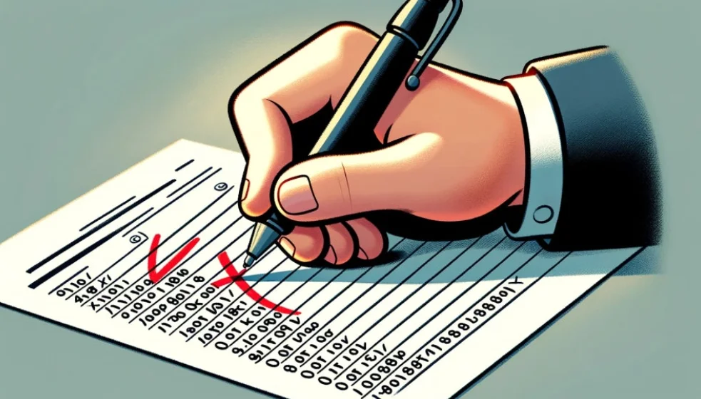 청구항에서 도면부호를 삭제하며 형식 요건을 점검하는 변리사의 손을 표현한 이미지