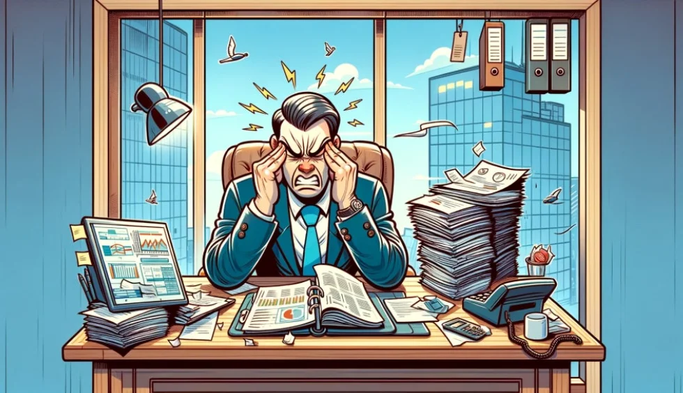 조사료 반환 절차가 복잡해 고민하는 기업 대표를 표현한 이미지