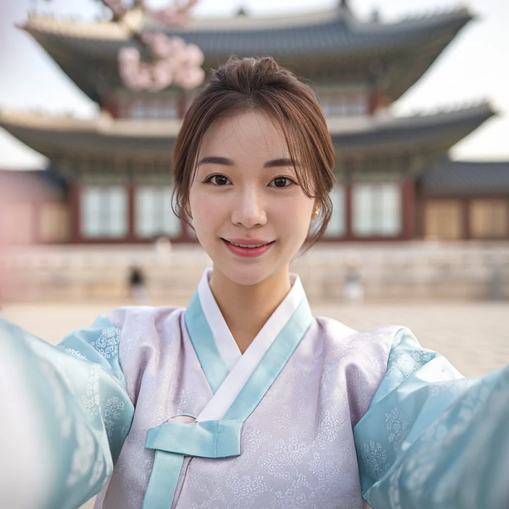 한복일 입은 한국인 여성이 경복궁 앞에서 셀카를 촬영하고 있다