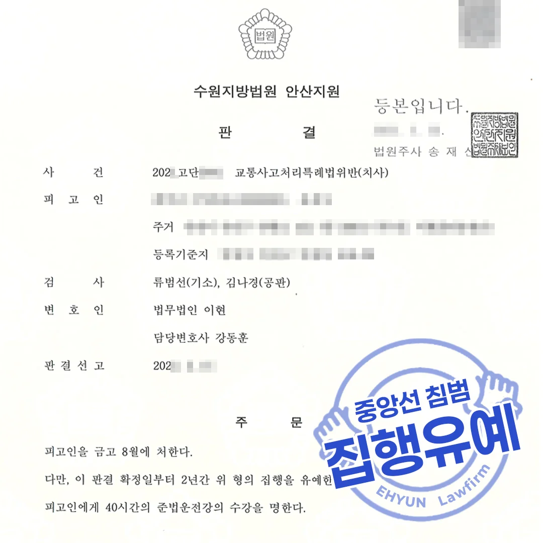 중앙선 침범 집행유예 판결문