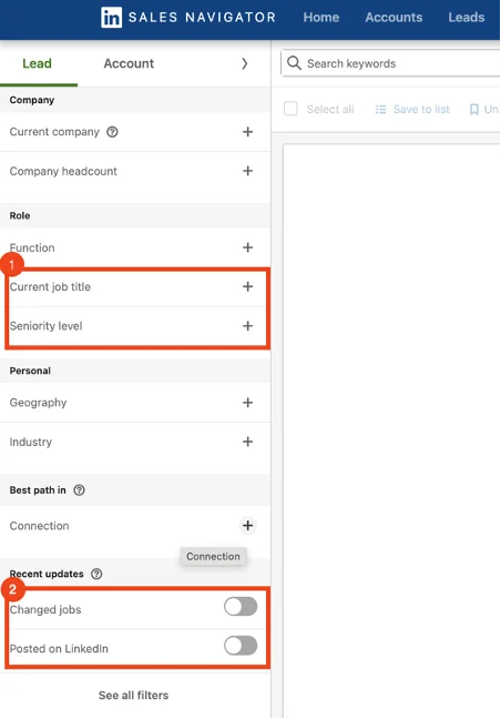 링크드인 세일즈 내비게이터 Current Job Titel