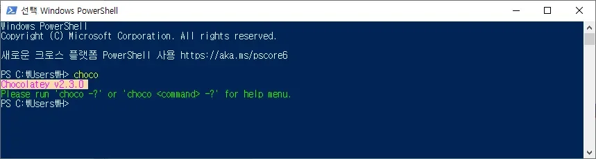 Windows PowerShell에서 Chocolatey 설치 성공 화면