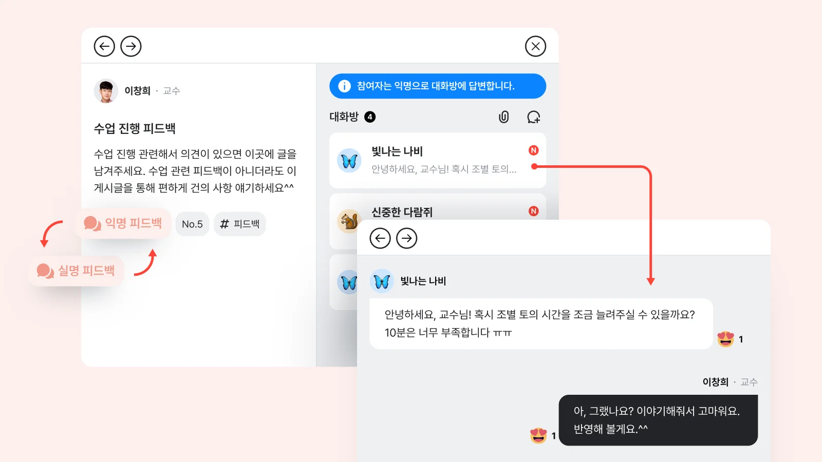 클라썸의 커뮤니티 탭 모습과 익명 기능 사용시 UI