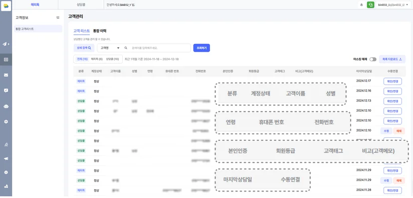 해피톡 서비스 화면에서 노출되는 통합 고객 리스트 화면