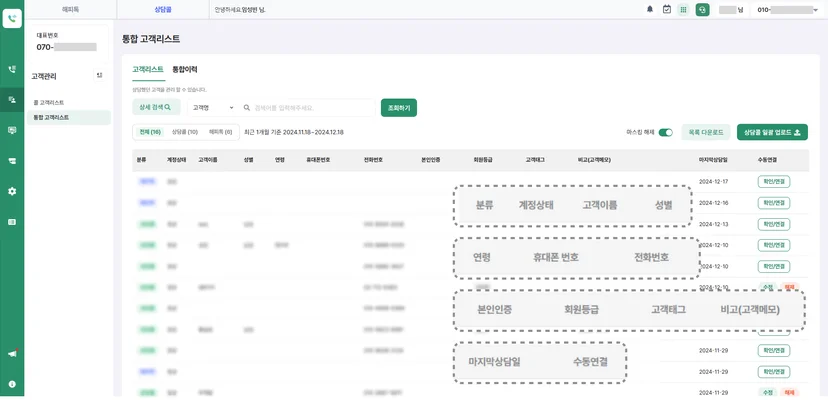 상담콜 서비스화면에서 노출되는 통합 고객 리스트 화면