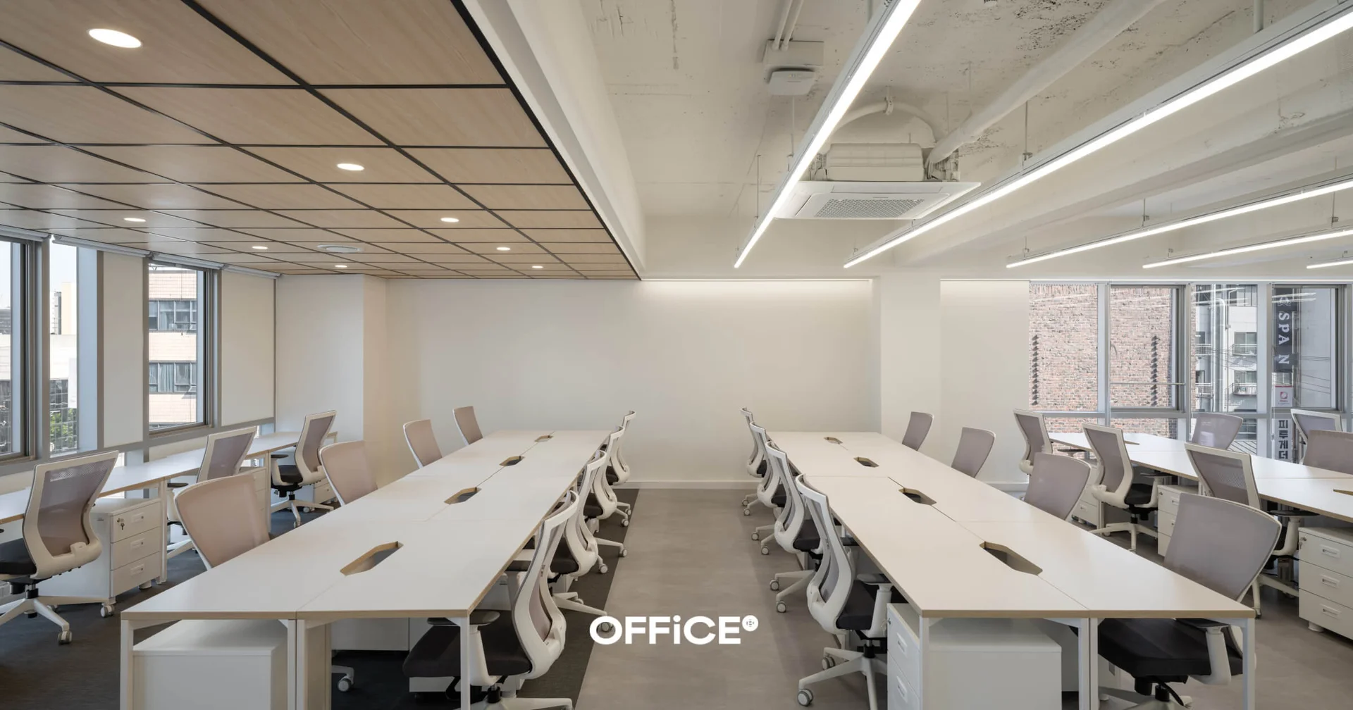 오피스B 사무실 책상 배치, 배면형+대향형 예시