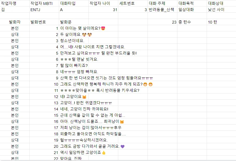 챗봇 발화 스타일 및 구조 작업 화면