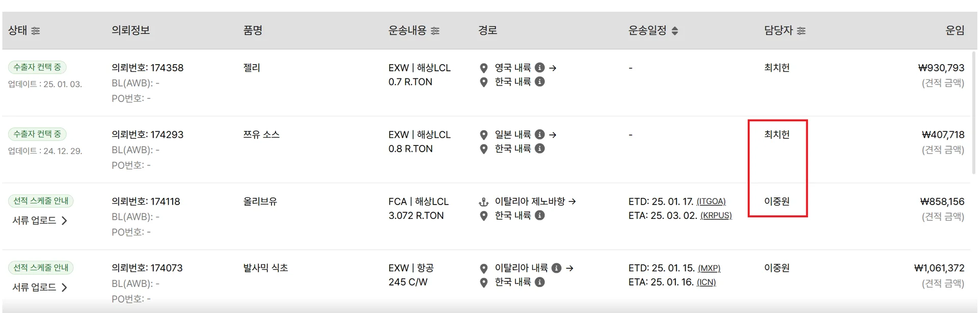 수출입 담당자 기록