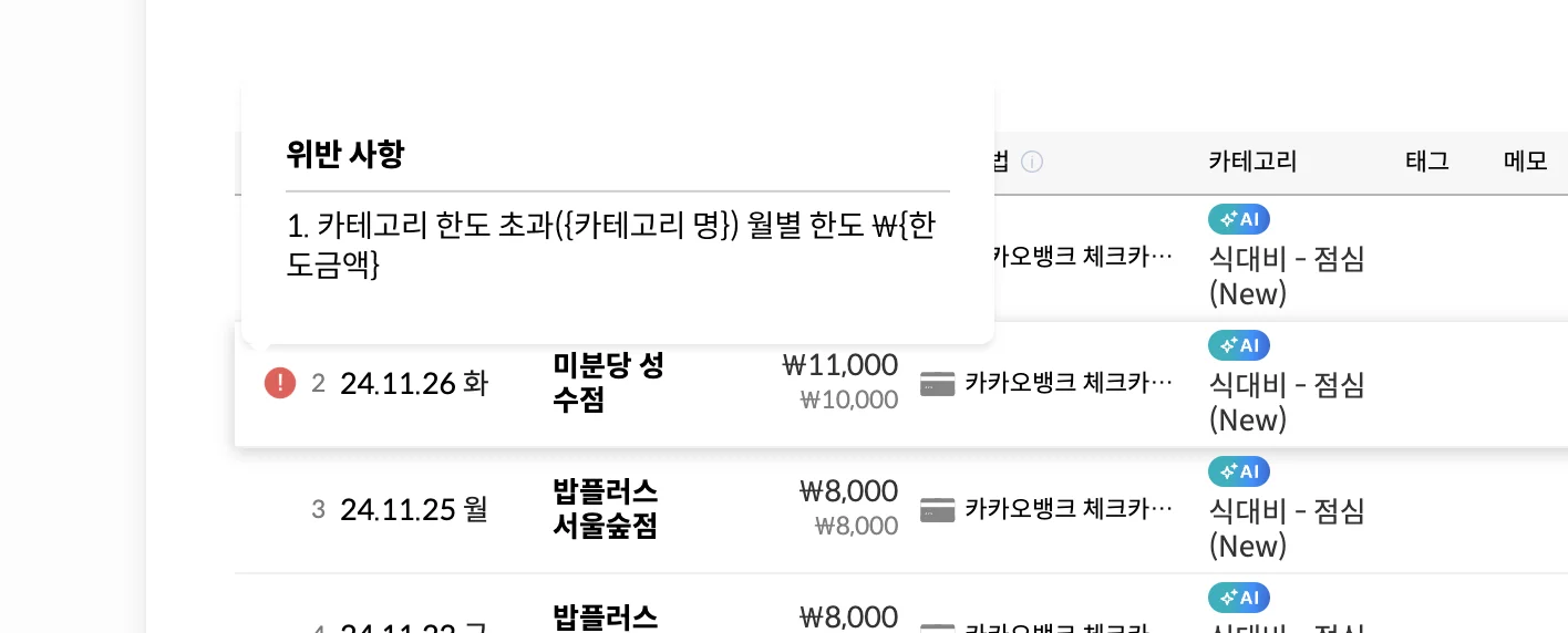 보고서 내 지출의 월 한도 위반 표시