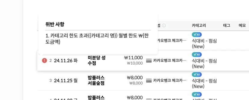 보고서 내 지출의 월 한도 위반 표시