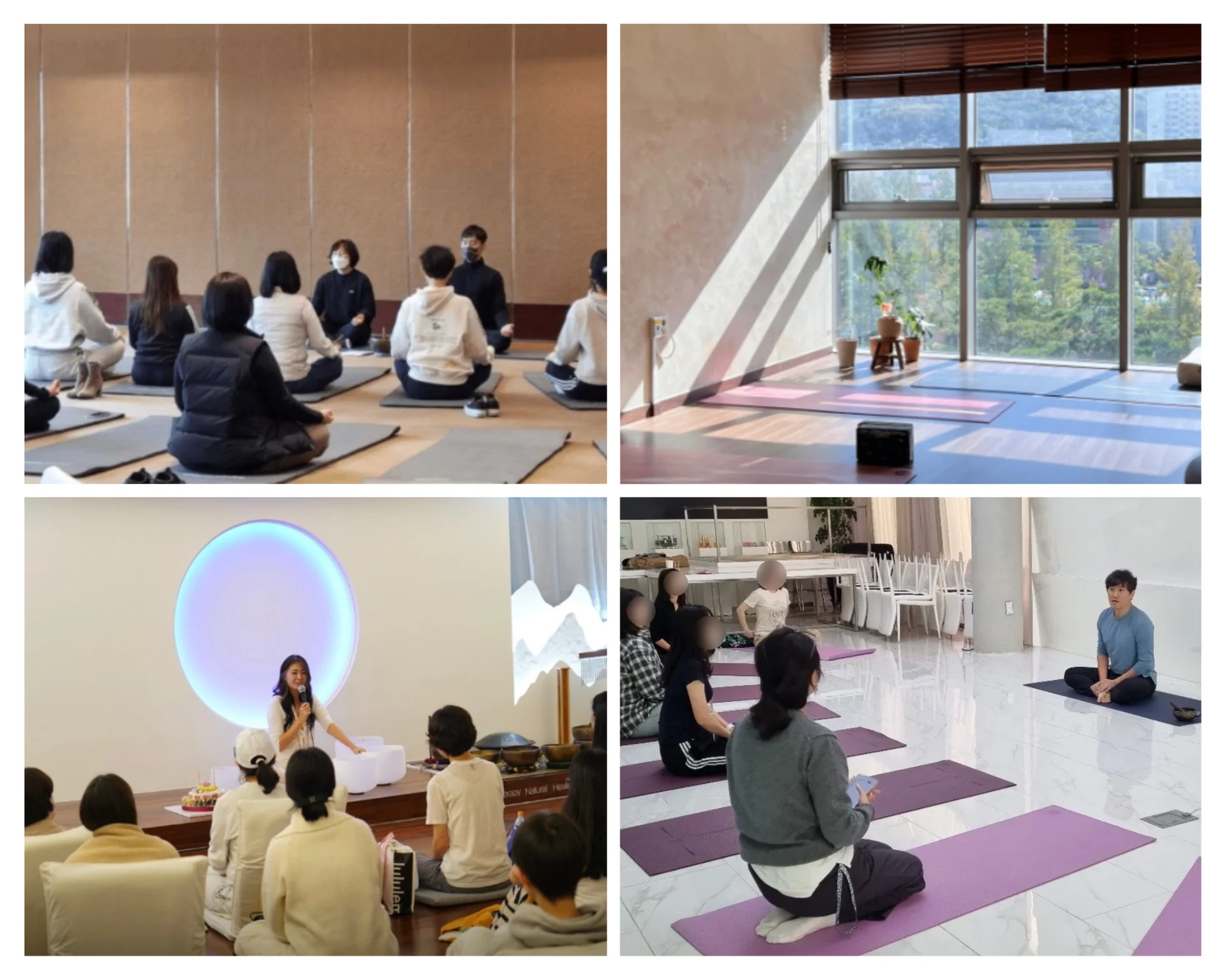 직무 스트레스 해소를 위한 회사 원데이클래스 웰니스 프로그램 사진 모음. 명상 수업, 요가 클래스, 힐링 강연, 따뜻한 햇살이 비치는 요가 공간 등 다양한 스트레스 관리 프로그램이 담긴 4분할 사진.