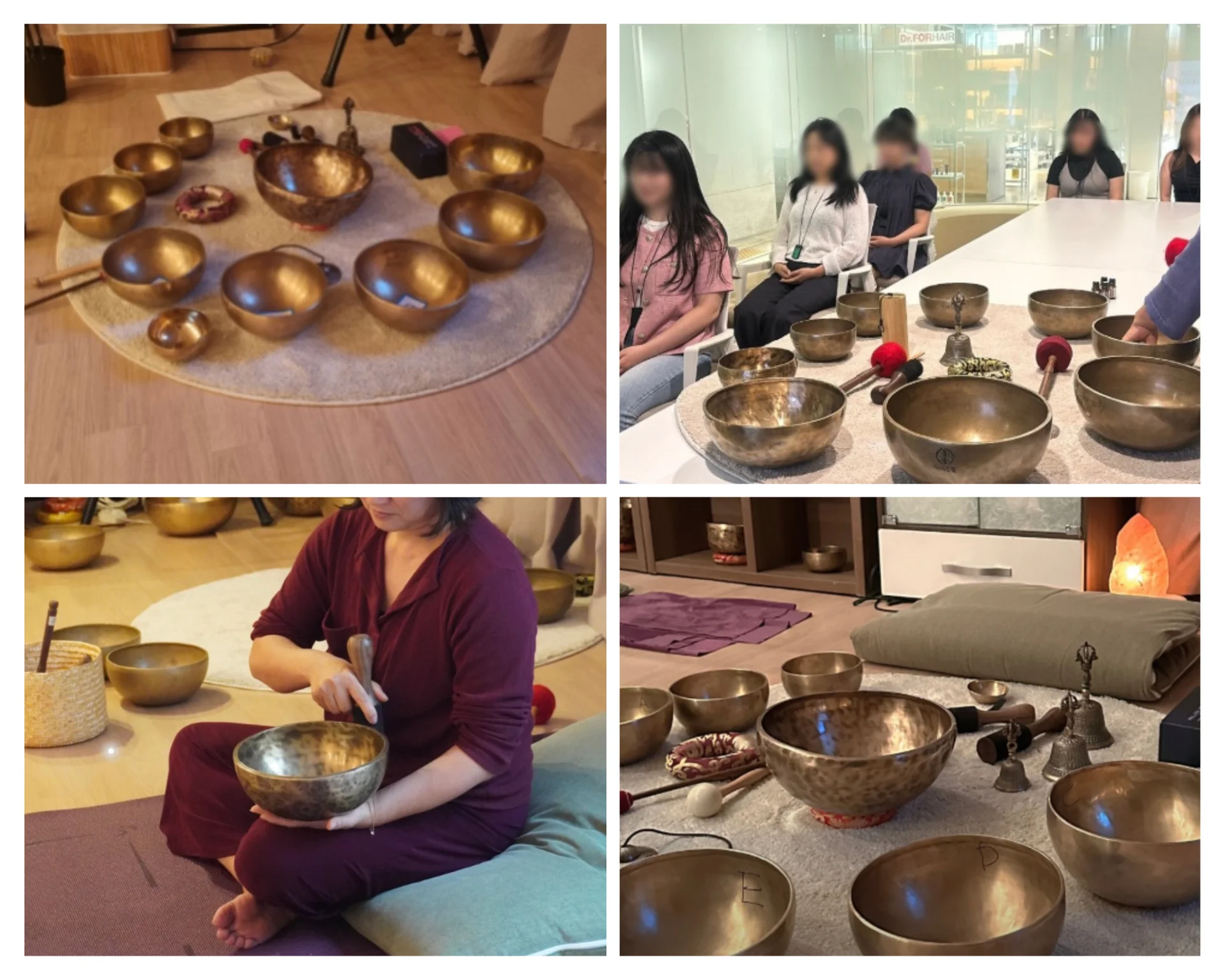 직무 스트레스 해소를 위한 기업 웰니스 프로그램 중 하나인 싱잉볼 힐링 세션 진행 사진 모음. 싱잉볼을 활용한 사운드 테라피, 명상과 휴식을 통한 직원 정신 건강 관리 사례. 스트레스 관리와 웰빙을 위한 회사 단체 클래스 환경을 보여주는 4분할 이미지.