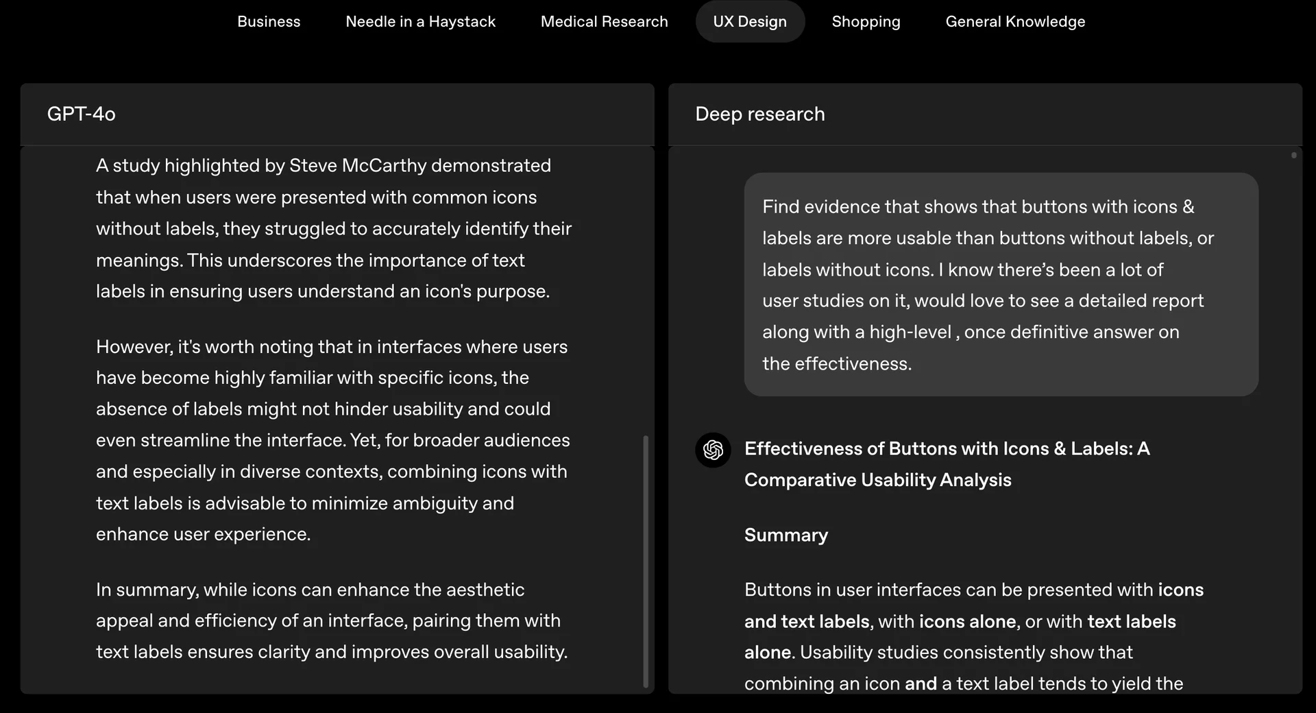 같은 질문에 대한 GPT-4o와 딥 리서치의 답변 차이