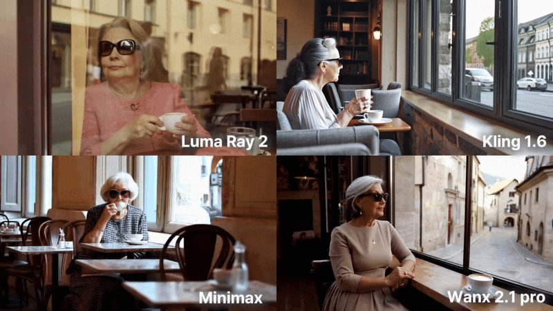 '유럽의 카페에서 선글라스를 쓰고 커피를 마시는 할머니' 프름프트의 4가지 모델 결과 비교