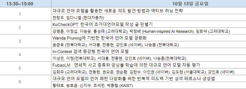 HCLT 2023 둘째 날 언어모델4 구두 발표 세션 타임테이블