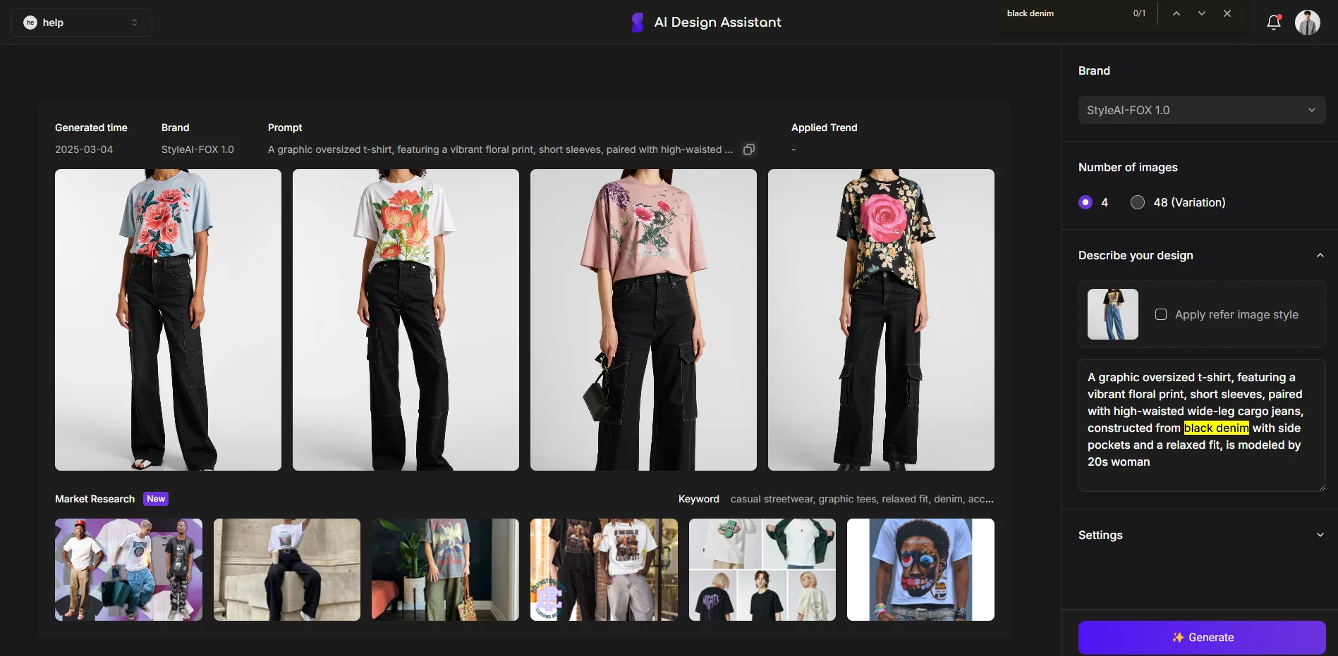 StyleAI dashboard: market Research and design generation.