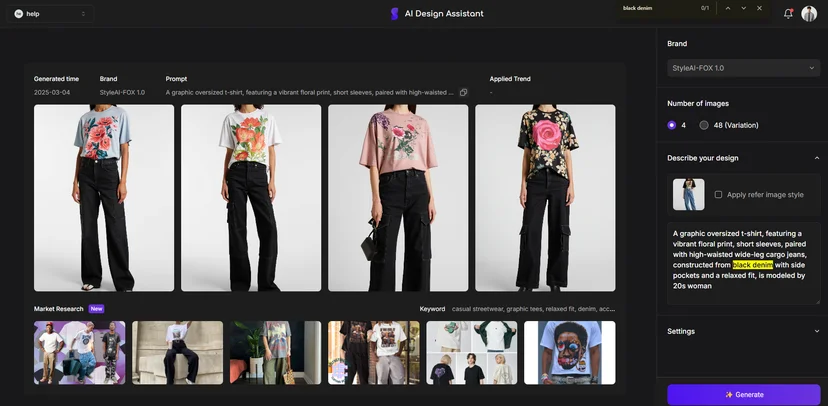 StyleAI dashboard: market Research and design generation.