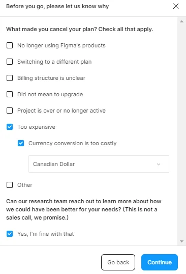 피그마 유료 플랜 취소 방법 : 취소 사유 선택