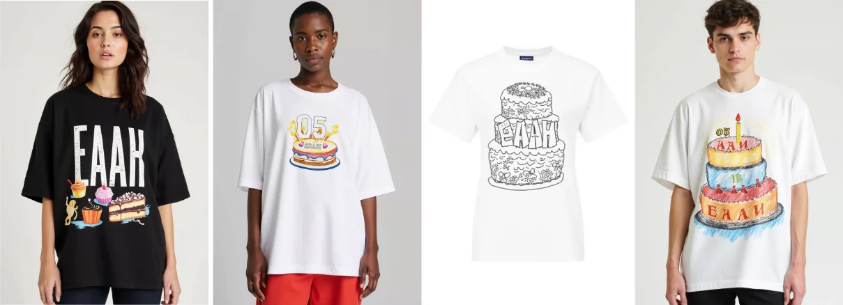 Lettered 'EAAH' in t-shirt graphic design inspired by cake
