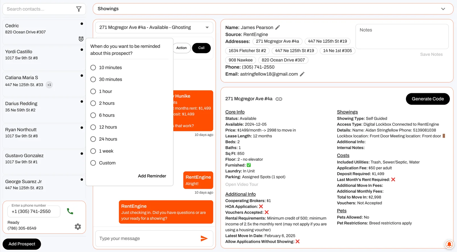 Set personal reminders and see unit info for each prospect in one place