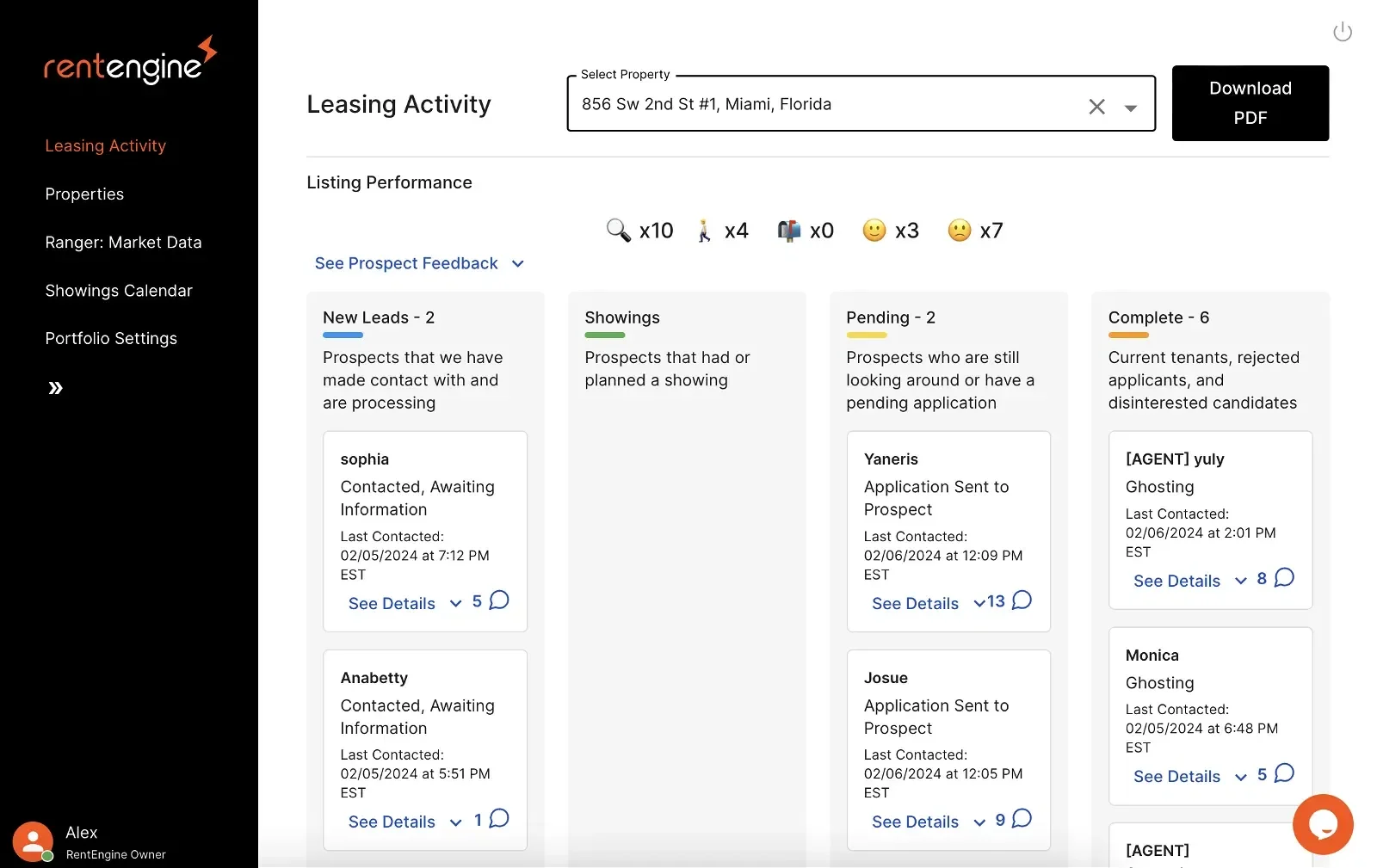 A look inside RentEngine's Leasing Activity tab