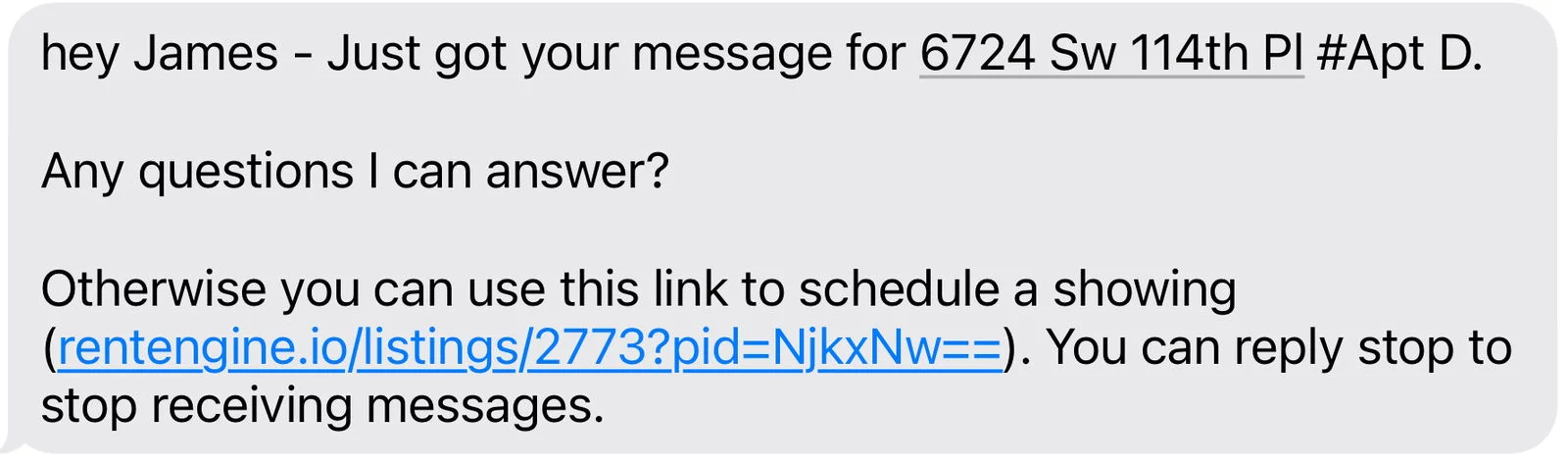 Example of a high-converting text message to a new lead