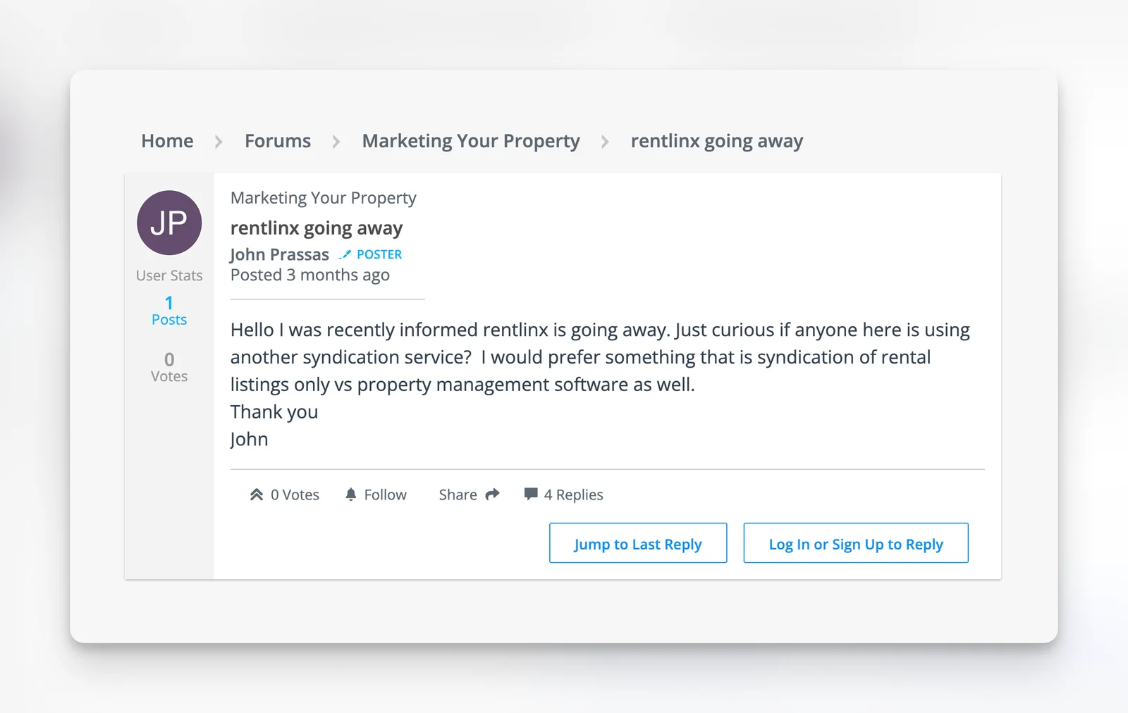 John from BiggerPockets' message about RentLinx shutting down