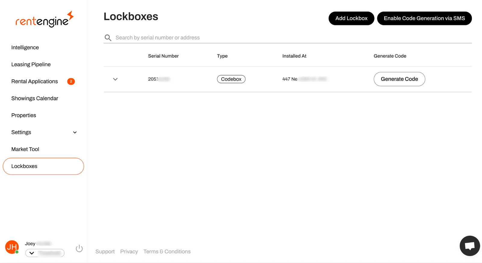 Lockboxes tab of the RentEngine platform where you can manage your Codeboxes