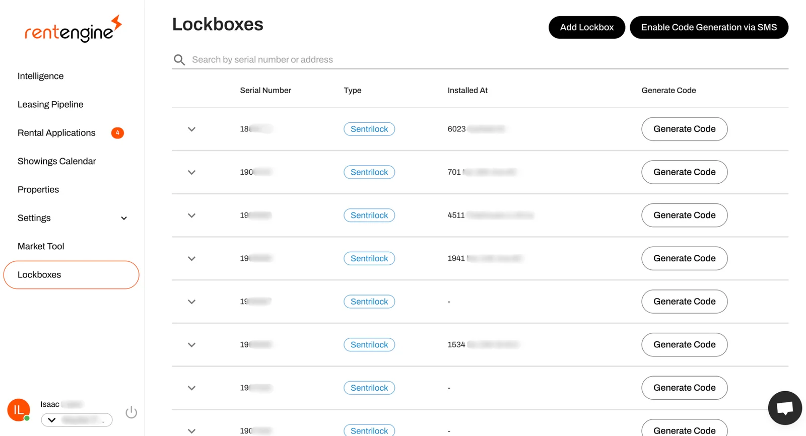 Lockboxes tab of the RentEngine platform where you can manage your SentriLocks