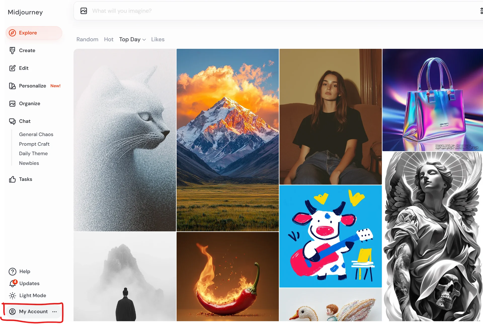 Midjourney 프로필 메뉴에서 account 클릭