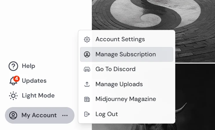 Midjourney 프로필 메뉴에서 구독 관리로 진입하는 화면