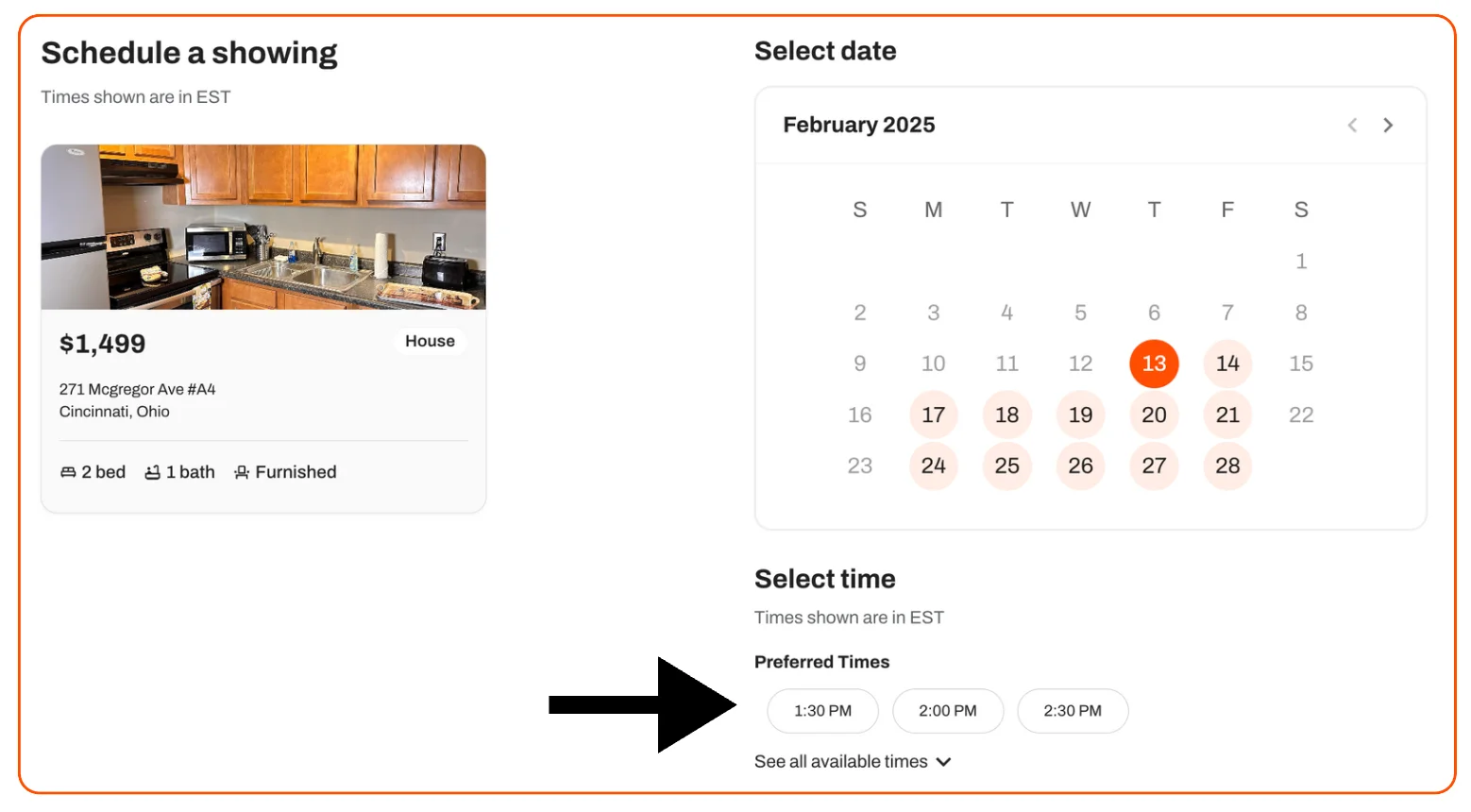 Screen indicating how to set up stacking and piggybacking when scheduling a showing