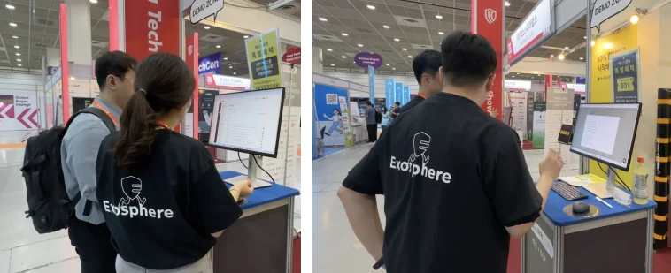 지난 6월 코엑스에서 진행된 스마트테크 코리아 박람회 엑소스피어랩스 부스에서 엑소스피어를 설명하는 여자와 남자 이미지