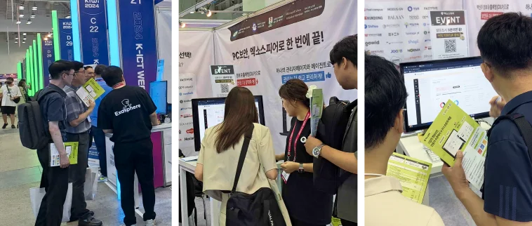 왼쪽 남자 세명이 설명을 듣고 있는 모습, 가운데 여자 2명, 남자 1명이 모니터를 보고 있는 모습, 오른쪽 1장 모니터를 자세히 보고 있는 남자 2명 이미지