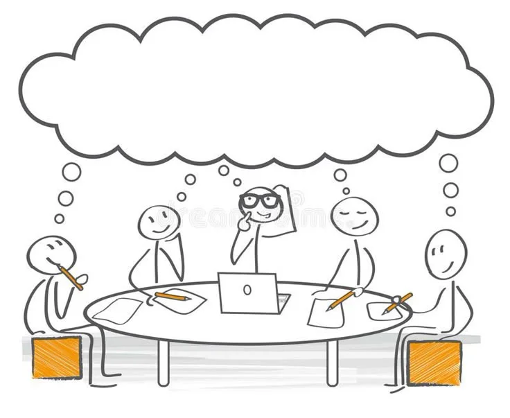 Sketch-style illustration of a group of stick figures sitting around a table, brainstorming with a large shared thought bubble above them