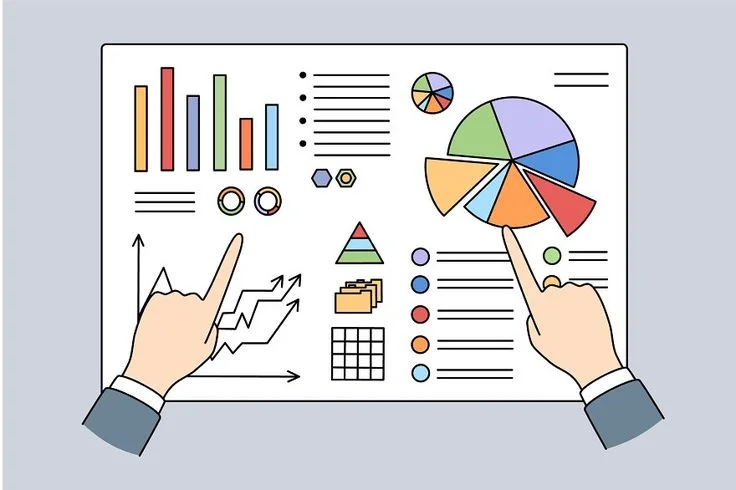 Illustration of hands analyzing data on a digital dashboard with bar charts, pie charts, line graphs, and various analytics elements