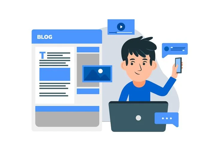 Illustration of a blogger working on a laptop, surrounded by blog content, media elements, and social interactions, representing content creation and digital engagement
