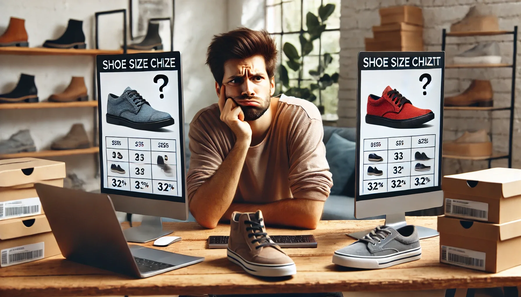 A frustrated online shopper looking at multiple shoe size charts on a computer screen, struggling to find the right shoe size. The setting is a cozy home with a laptop on a desk.