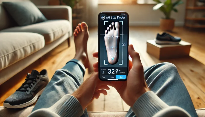 A person using a smartphone to scan their foot with an AI-powered shoe size finder app. The app screen displays a digital foot scan with accurate measurements.