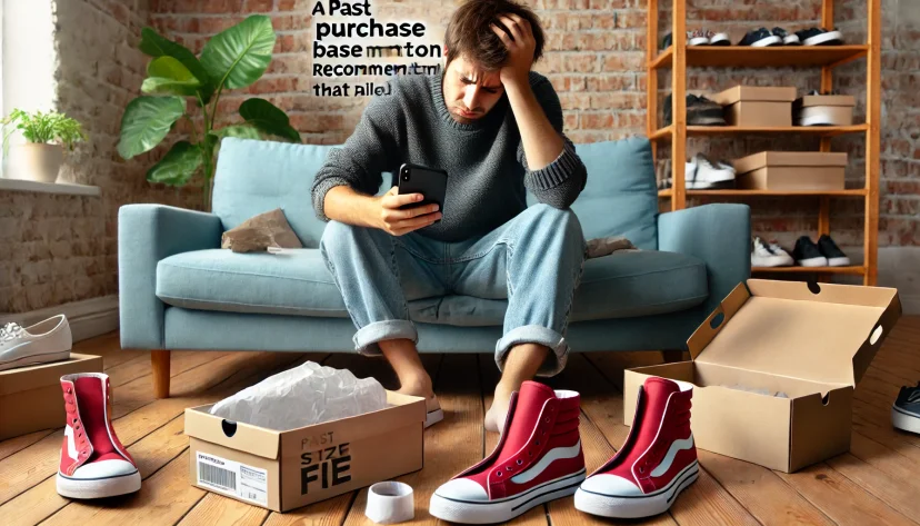A disappointed person looking at shoes that don’t fit, checking a past purchase history-based size recommendation that failed. An opened shoebox sits on a table in a living room.
