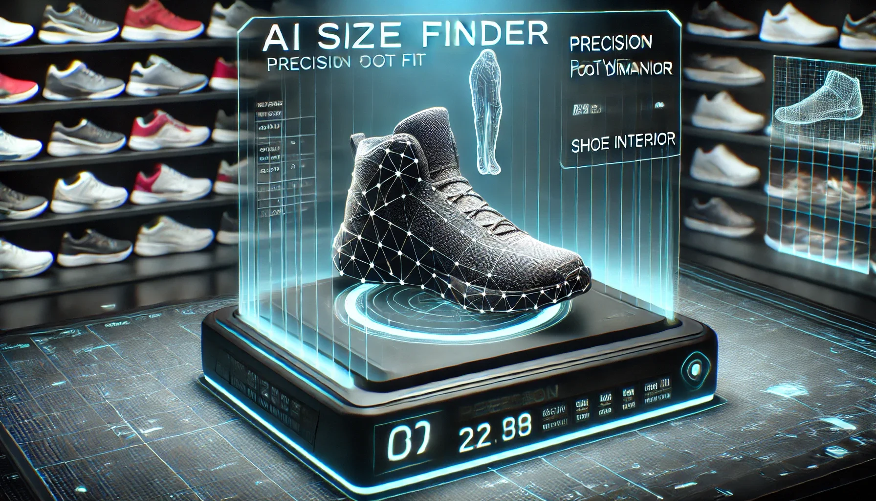 A futuristic AI-driven shoe size finder interface displaying a digital foot scan being mapped with the internal structure of a shoe for precision fit recommendations.