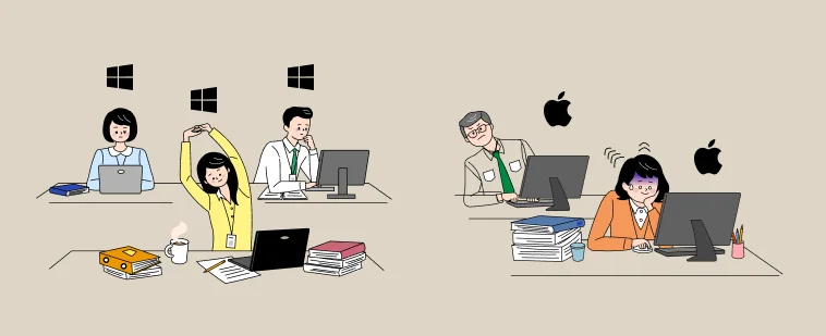 회사원들 머리 위 윈도우 로고가 있고 책상에 앉은 남자 머리 위에 애플 로고가 있는 이미지