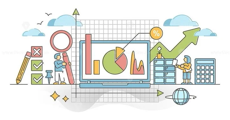 Illustration of data analysis and statistics visualization, featuring charts, graphs, a magnifying glass, and upward growth indicators