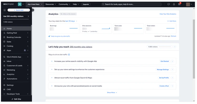 wix dashboard 