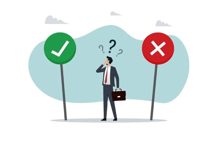 Illustration of a man standing between a green checkmark and a red cross sign, symbolizing decision-making and uncertainty