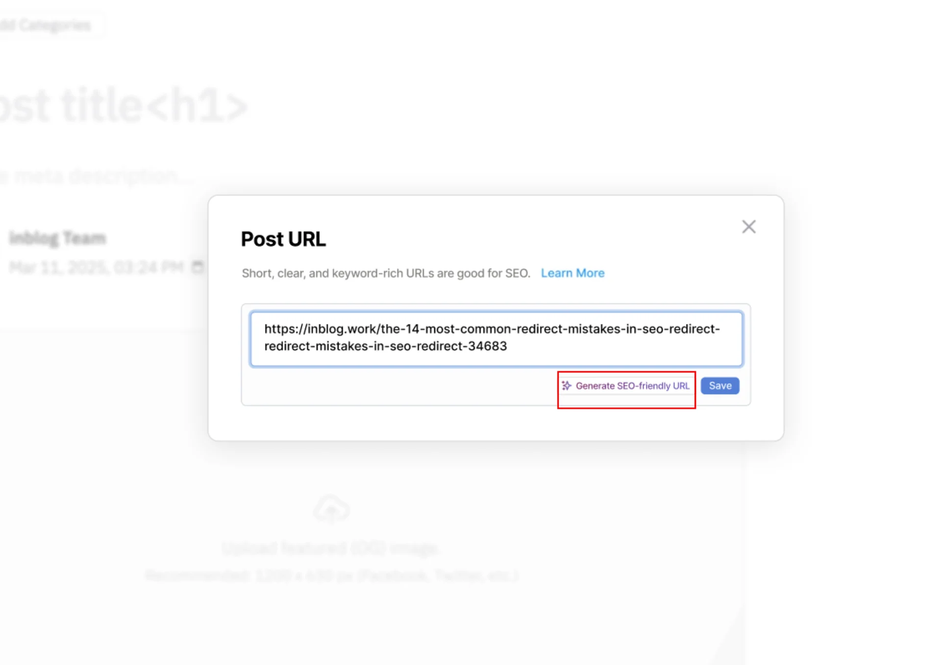 Screenshot of a post URL editor with an option to generate an SEO-friendly URL, highlighting the importance of short and keyword-rich URLs for SEO