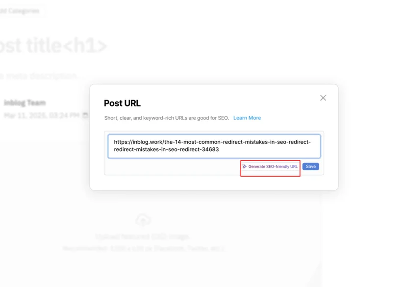 Screenshot of a post URL editor with an option to generate an SEO-friendly URL, highlighting the importance of short and keyword-rich URLs for SEO