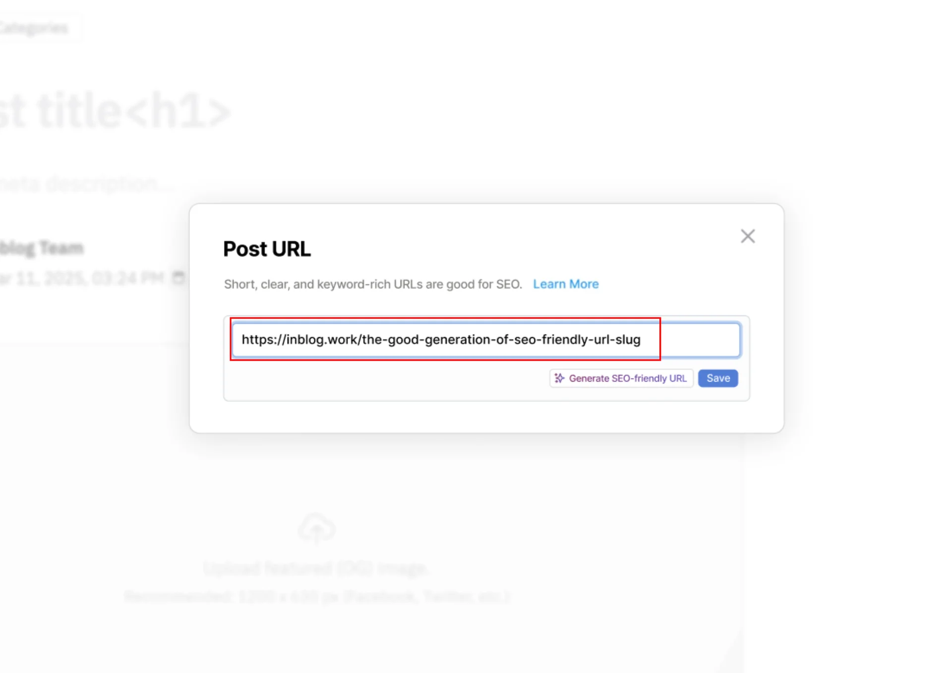 Screenshot of a post URL editor displaying an SEO-friendly URL slug, emphasizing the importance of short and keyword-rich URLs for better SEO