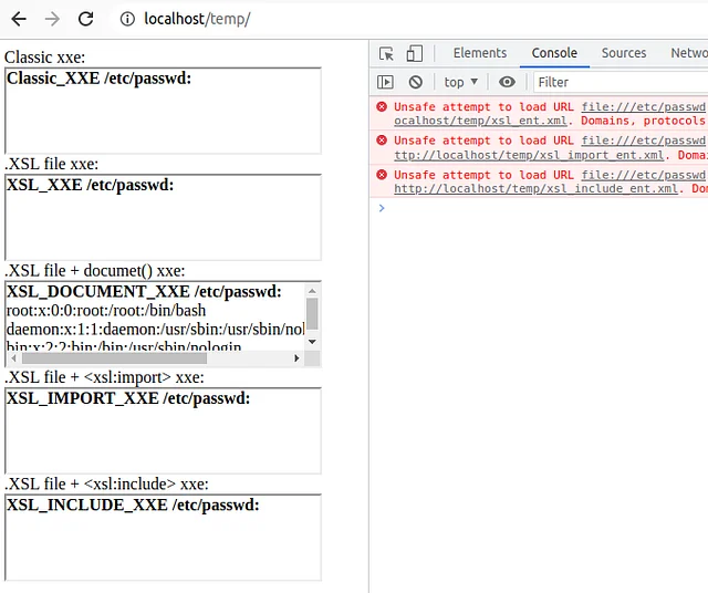 Javascript가 비활성화된 Chrome에서 XXE 취약점을 통해 /etc/passwd 파일의 내용을 읽은 모습